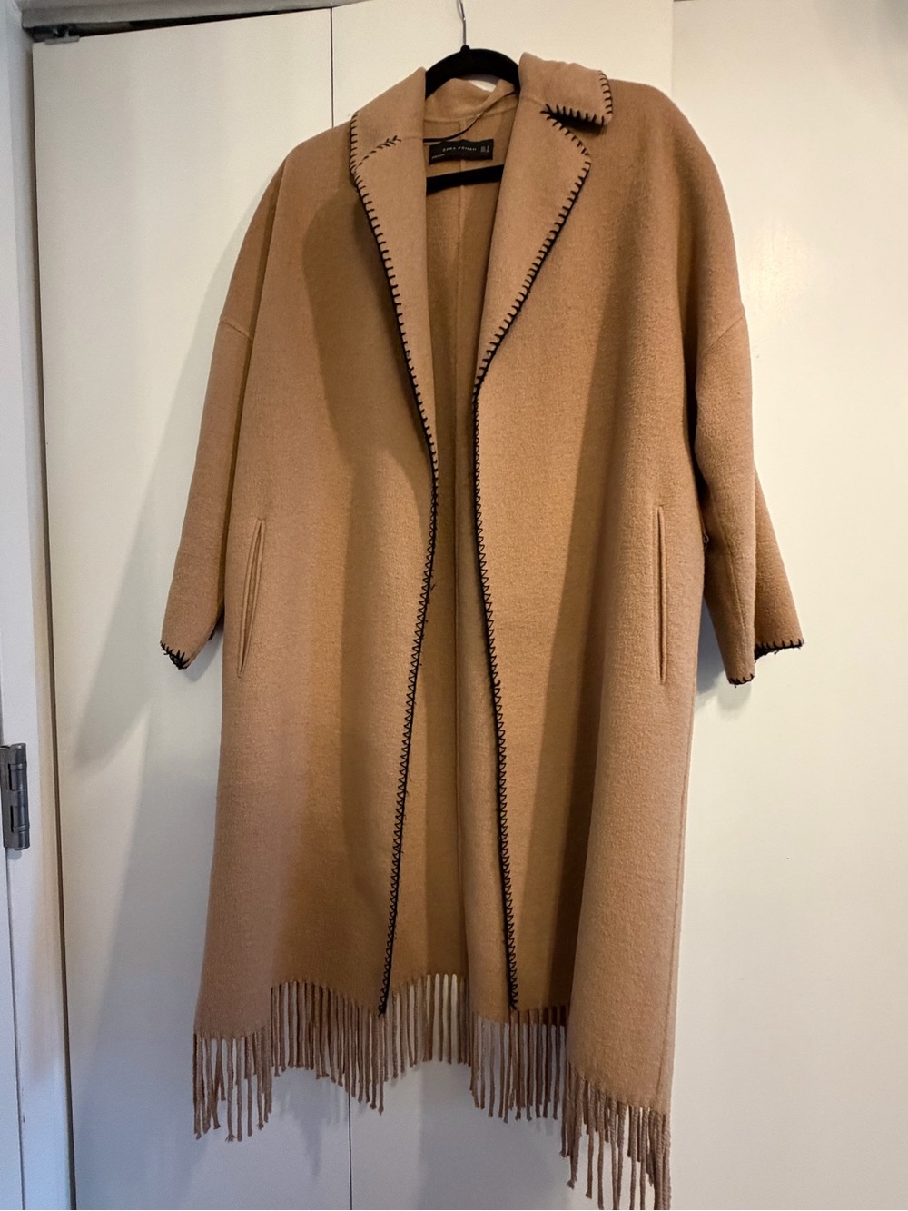 Zara Camel Trench Coat with Black Trim and Fringe Hem